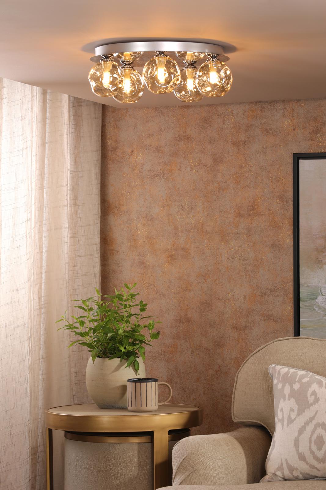 Foley 5 Light Flush Polished Chrome With Closed Organic Amber Glass