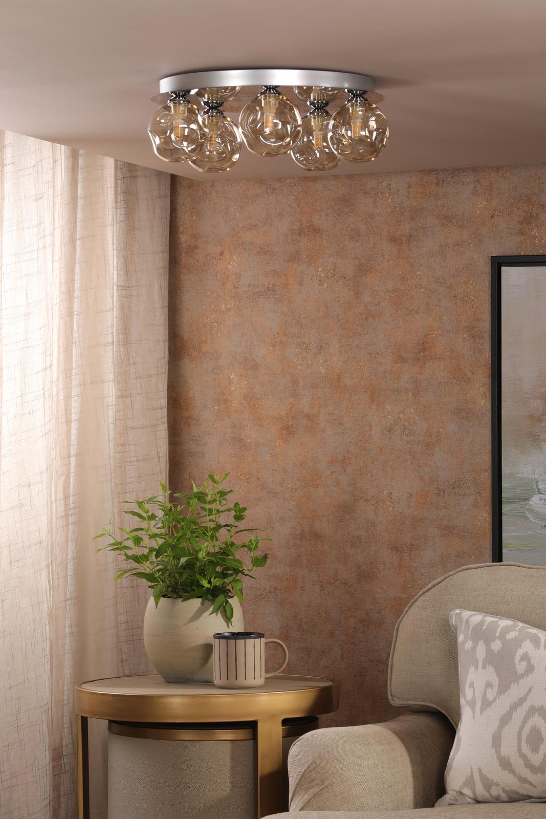 Foley 5 Light Flush Polished Chrome With Closed Organic Amber Glass