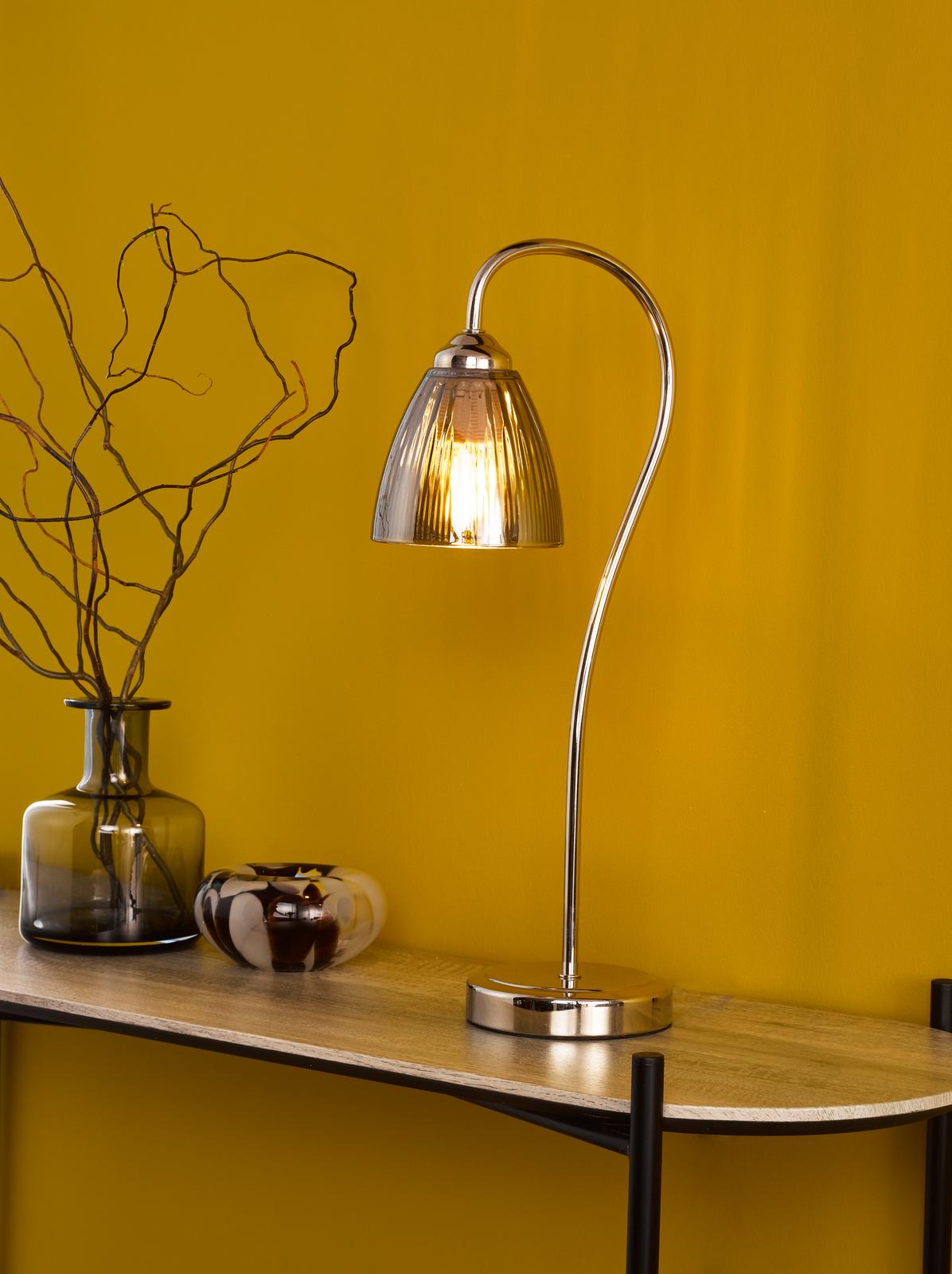 Glynis Table Lamp Polished Nickel and Smoked Ribbed Glass