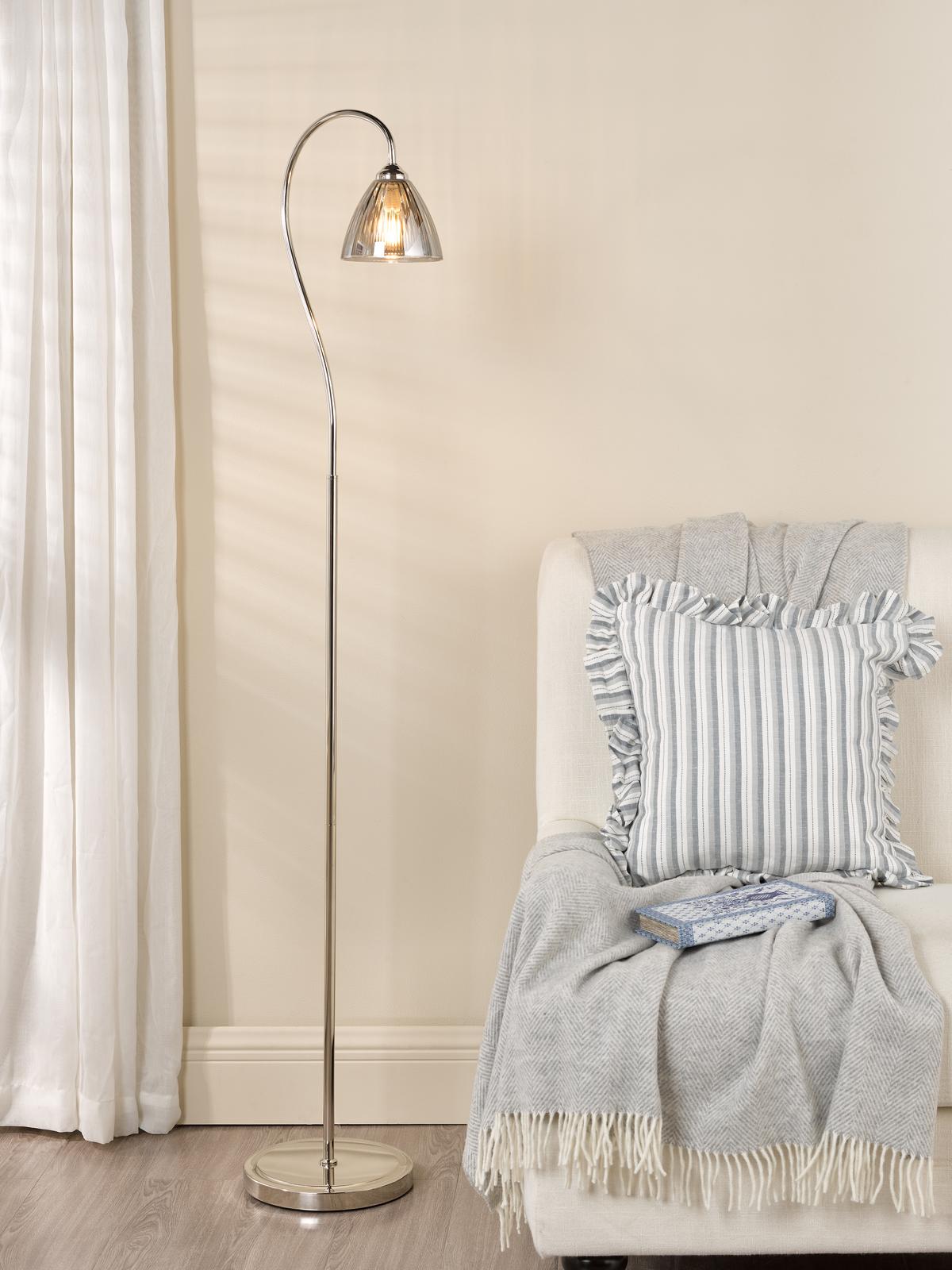 Glynis Floor Lamp Polished Nickel and Smoked Ribbed Glass