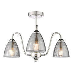 Glynis 3 Light Semi-Flush Polished Nickel and Smoked Ribbed Glass