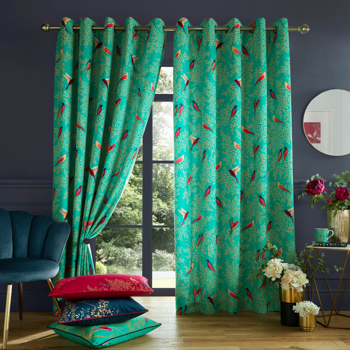 Green Birds Eyelet Curtain