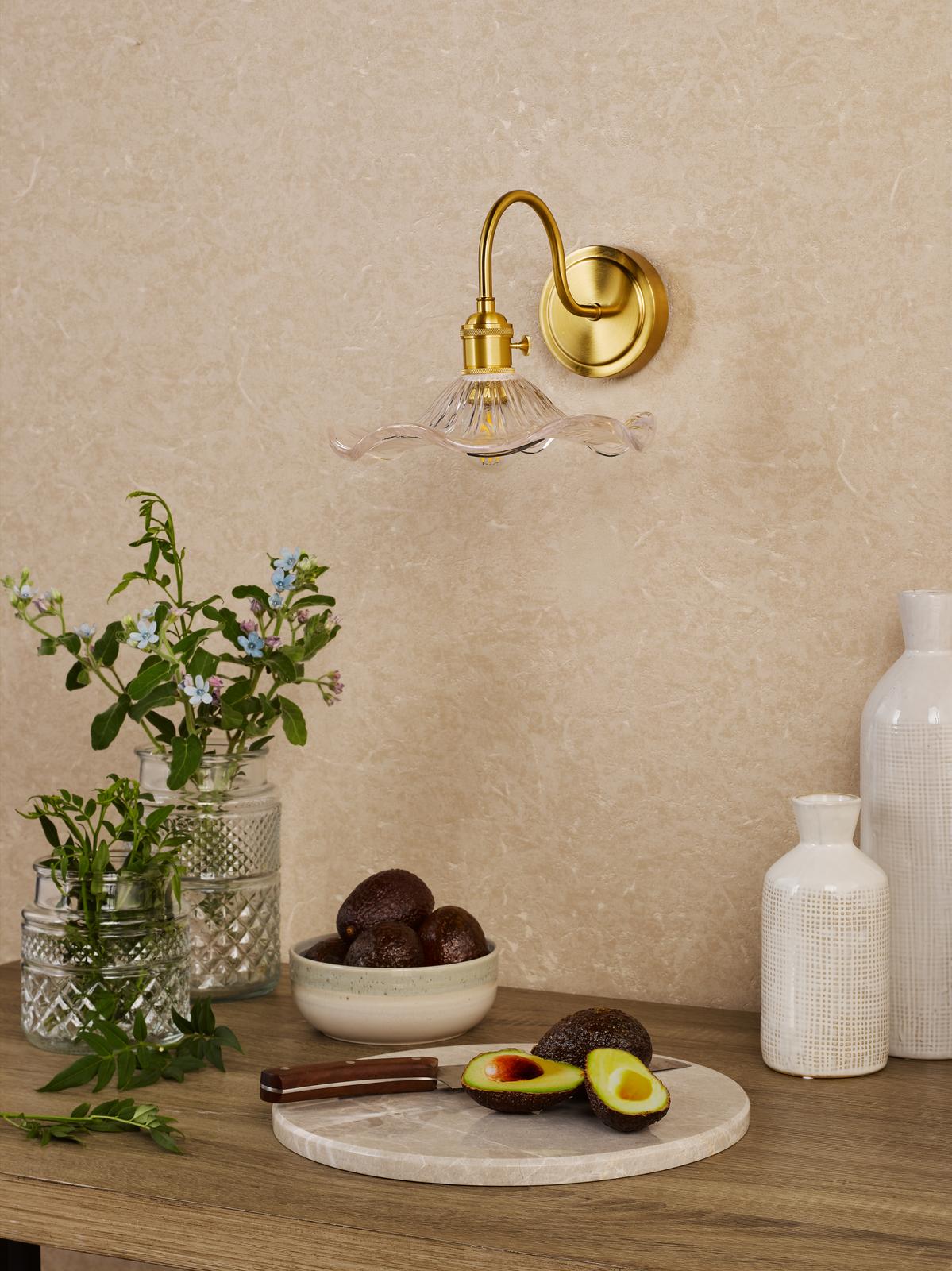 Hadano Wall Light Natural Brass and Wavy Glass