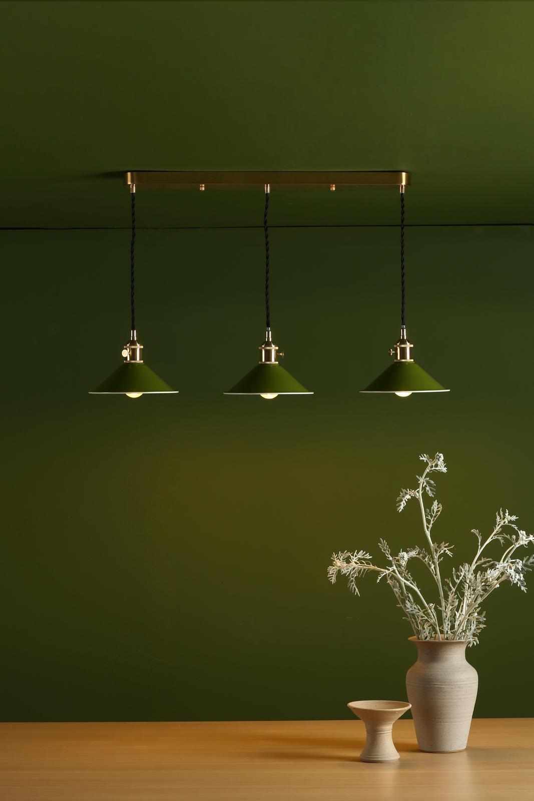 Hadano 3 Light Brass Suspension With Olive Green Shades