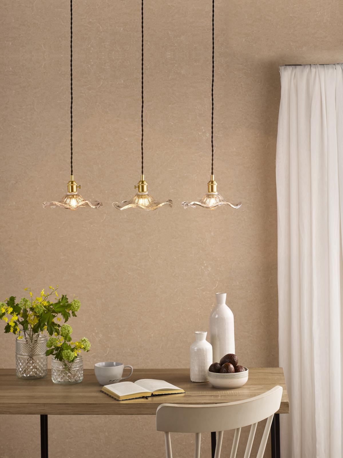 Hadano 3 Light Bar Pendant Natural Brass and Wavy Glass