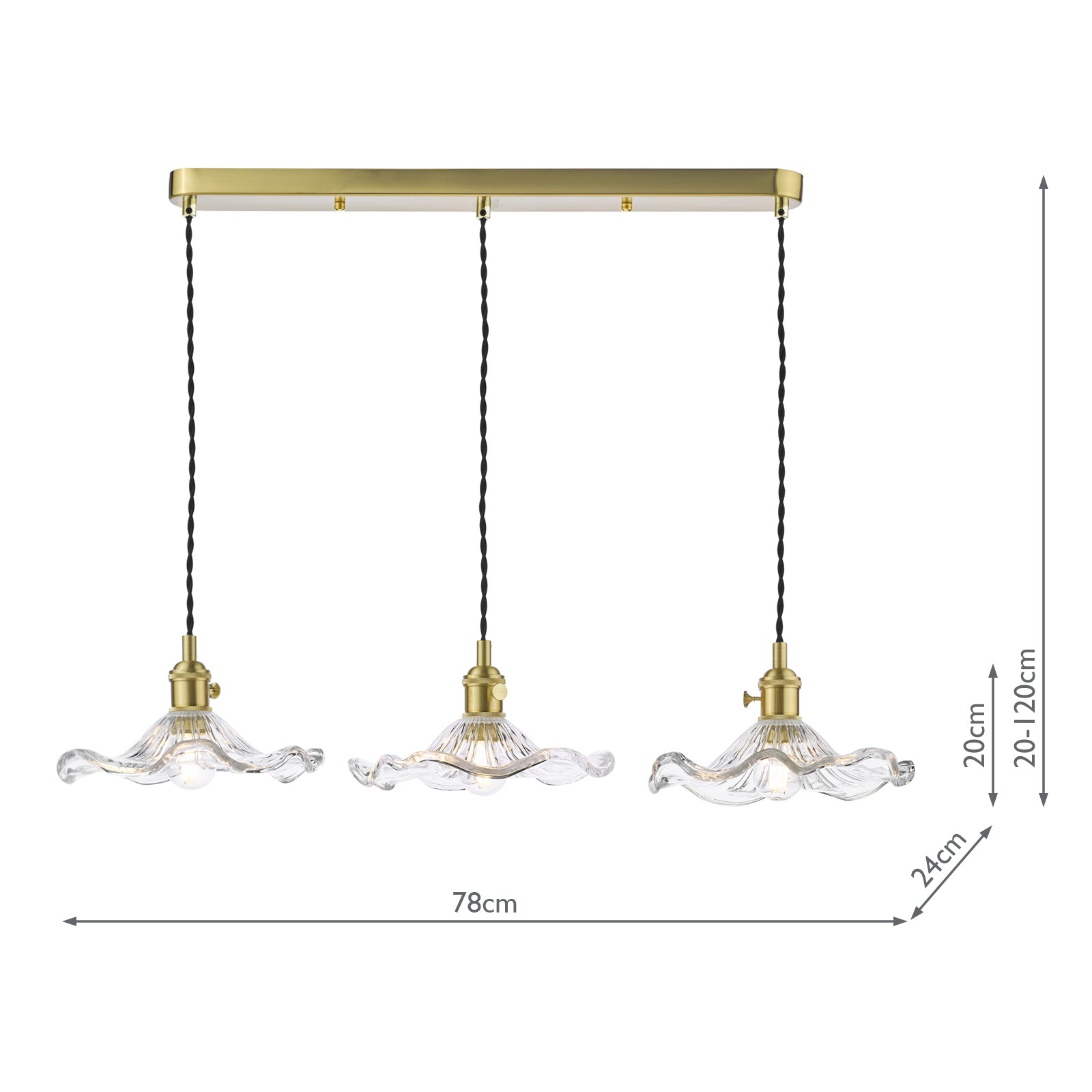 Hadano 3 Light Bar Pendant Natural Brass and Wavy Glass