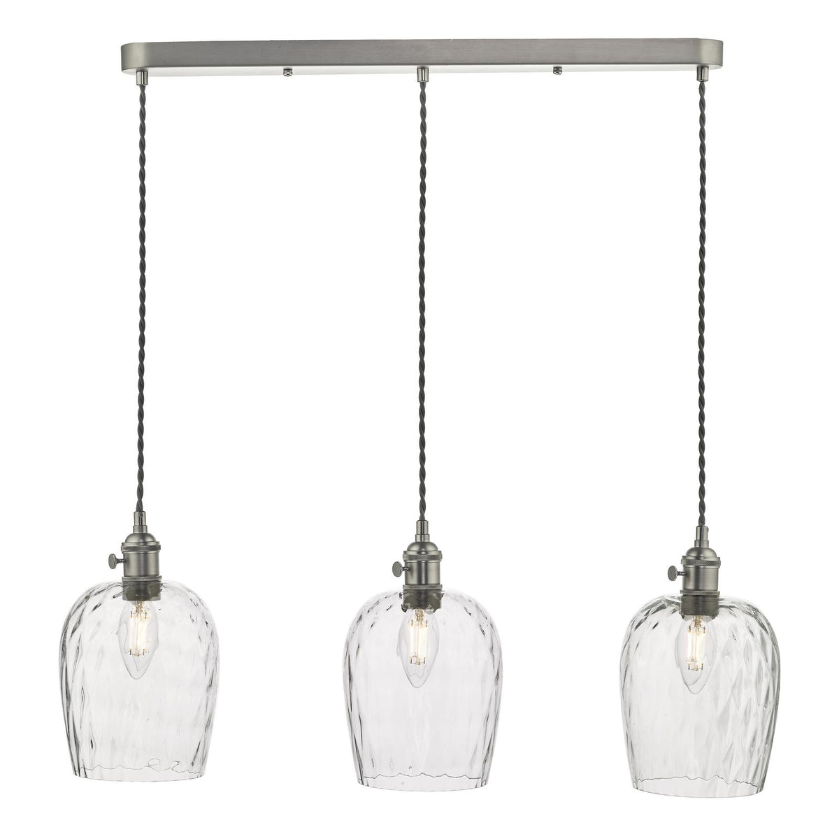 Hadano 3 Light Antique Chrome Suspension With Dimpled Glass Shades