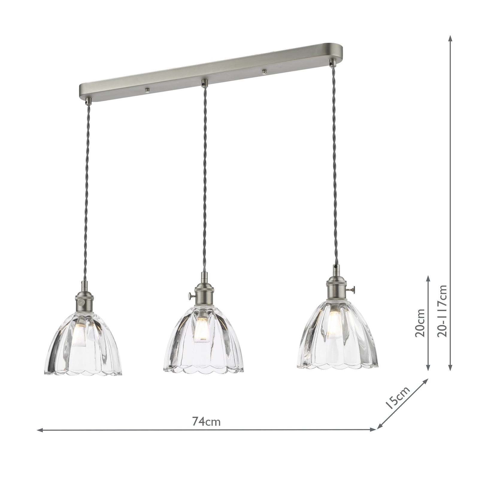 Hadano 3 Light Bar Pendant Antique Chrome and Scalloped Bell Glass