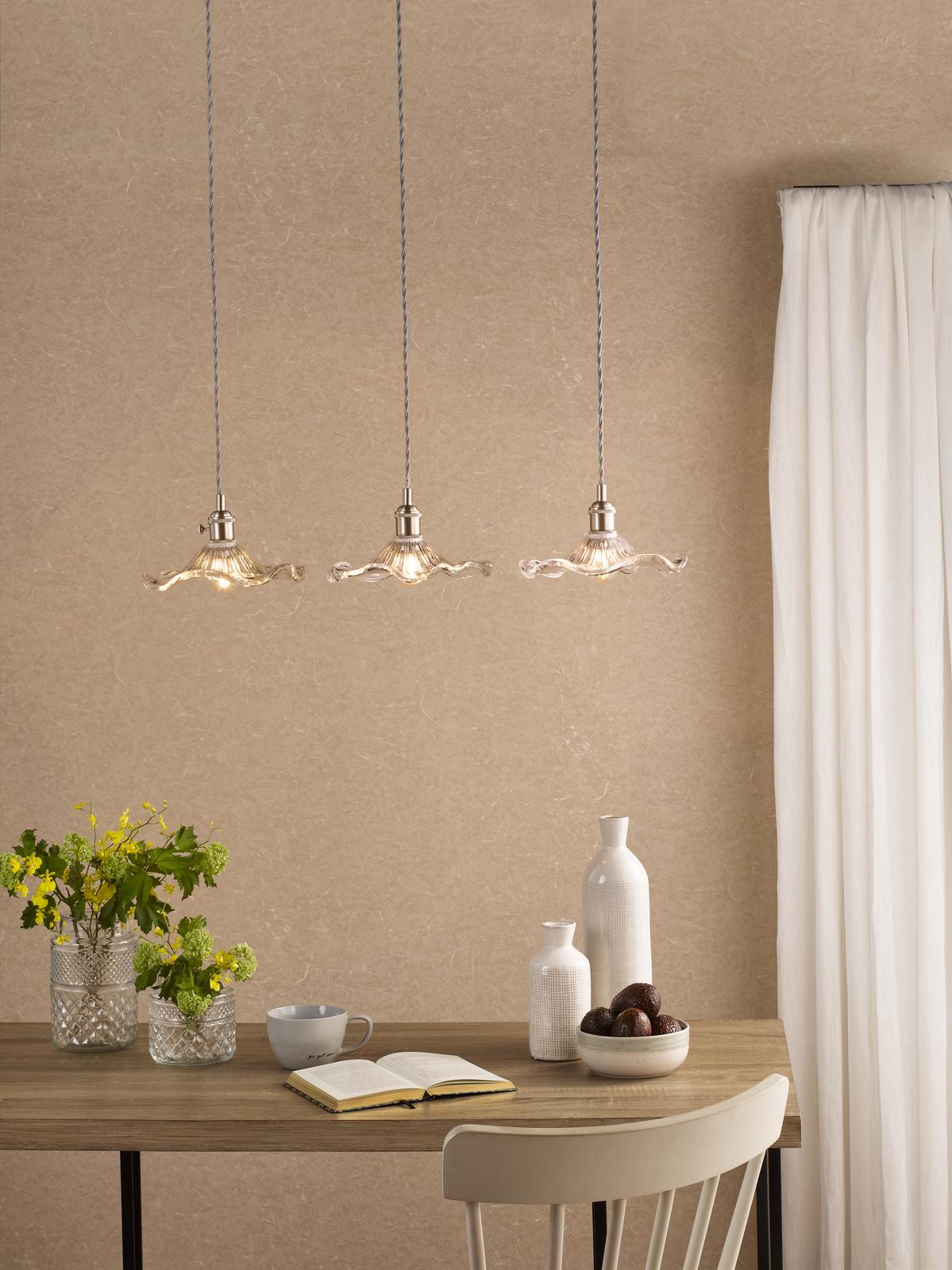Hadano 3 Light Bar Pendant Antique Chrome and Wavy Glass