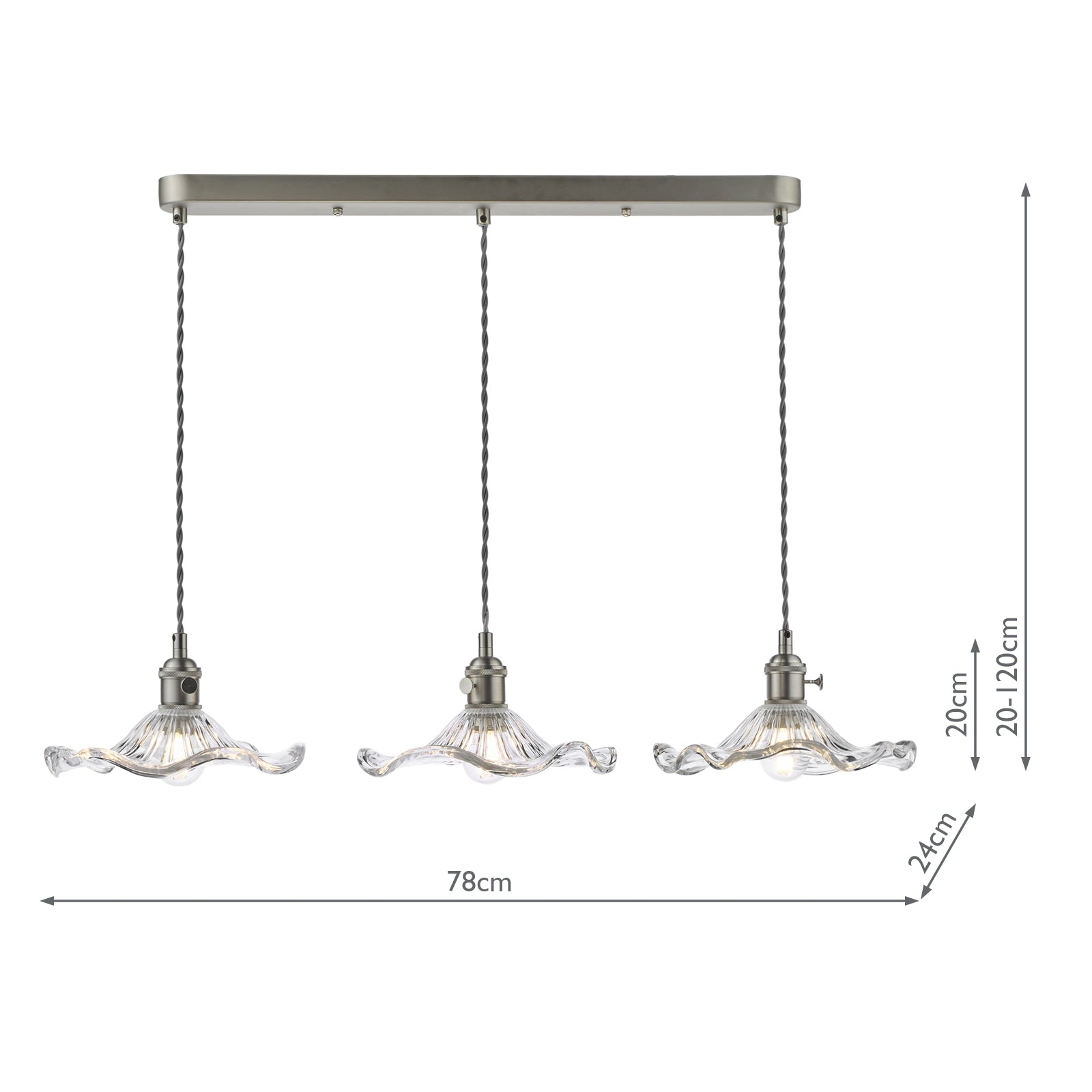 Hadano 3 Light Bar Pendant Antique Chrome and Wavy Glass
