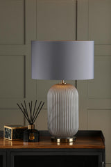 Helicon Table Lamp Grey Ribbed Glass and Antique Brass With Shade