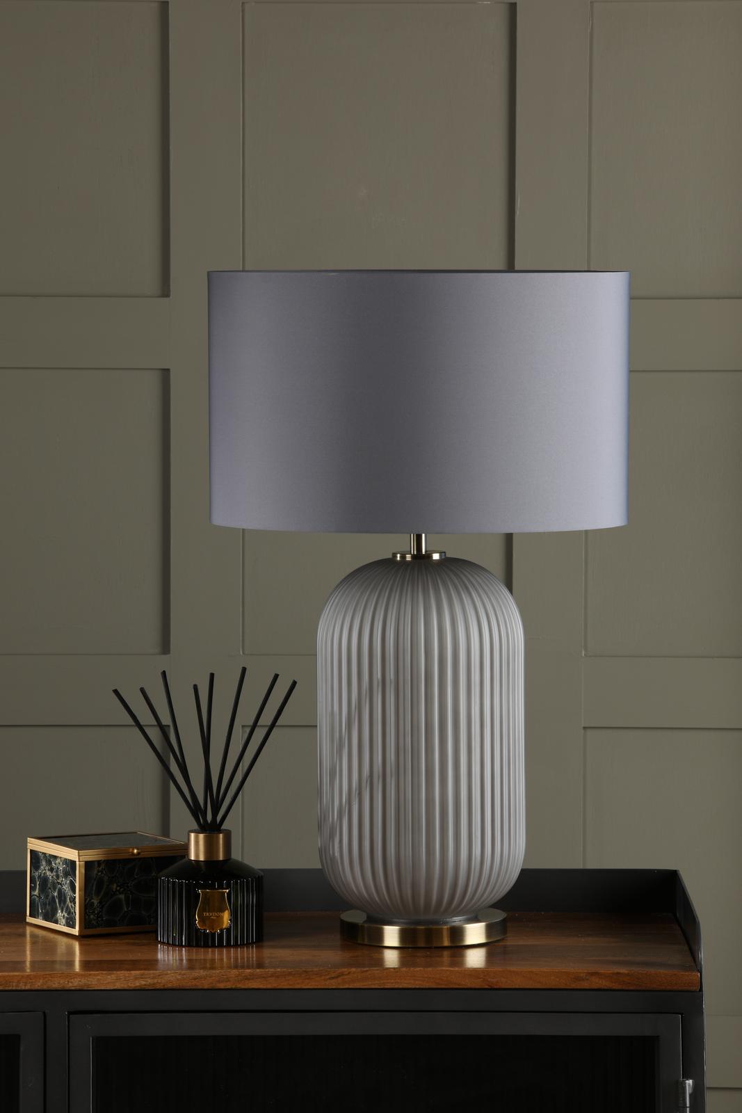 Helicon Table Lamp Grey Ribbed Glass and Antique Brass With Shade