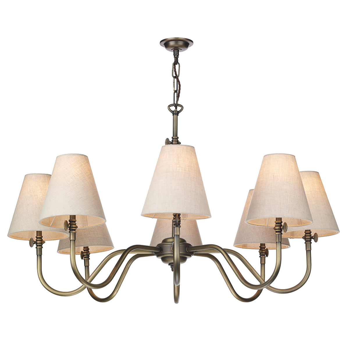 David Hunt Lighting Hicks 8 light finished in antique brass shown with ivory linen shades