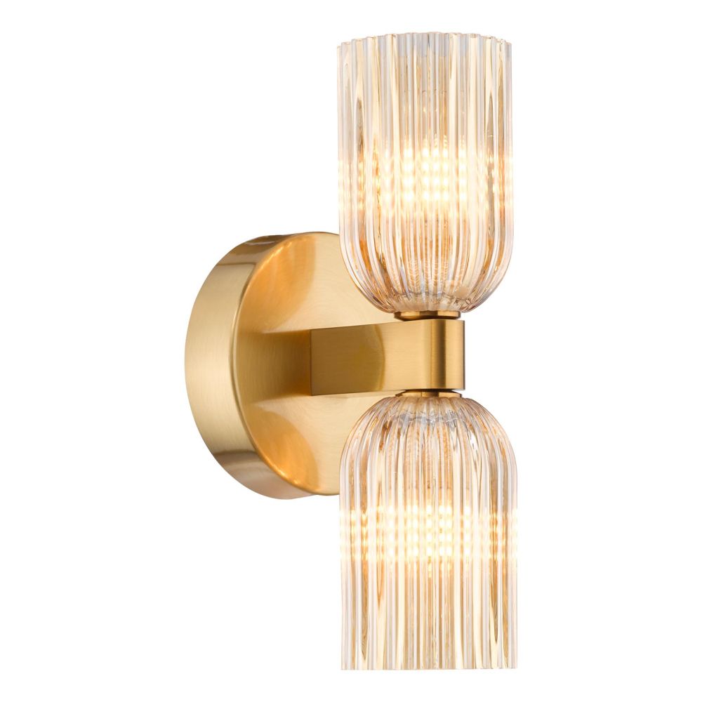Hilaria Bathroom 2 Wall Light Antique Gold and Amber Ribbed Glass IP44