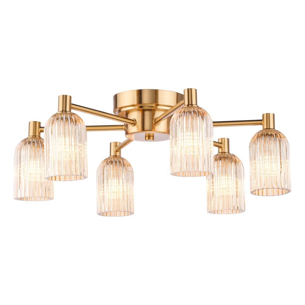 Hilaria 6 Light Flush Antique Gold and Amber Ribbed Glass