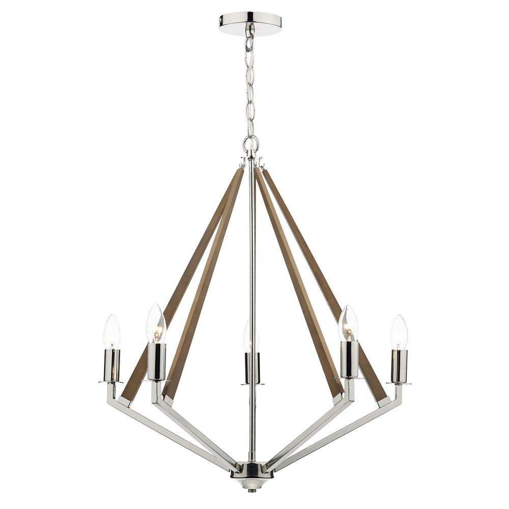 Hotel 5 Light Pendant Polished Nickel Wood