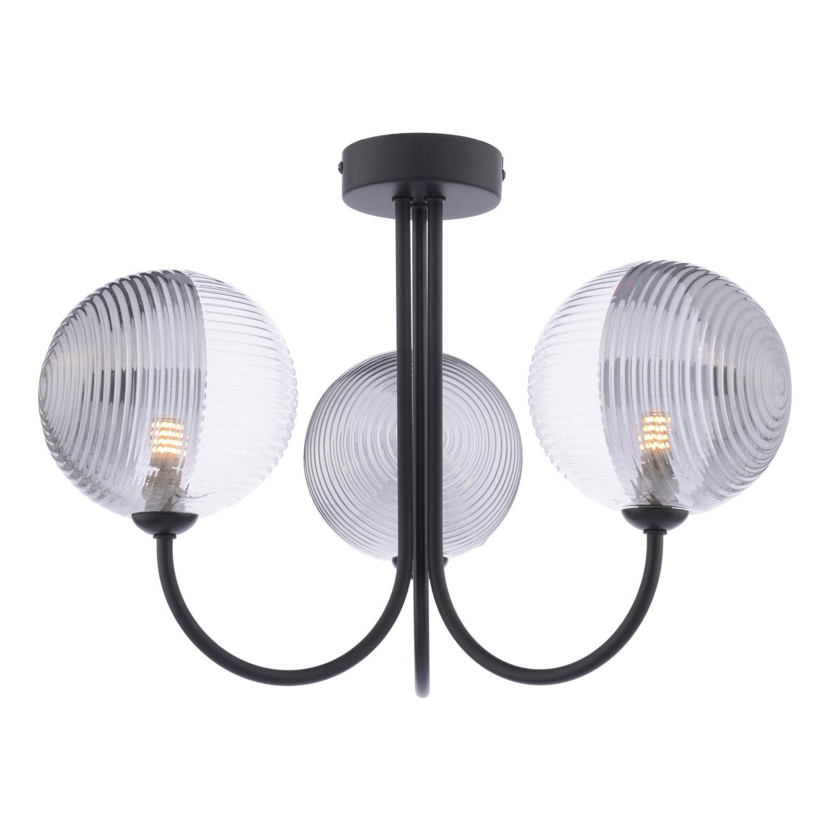 Jared 3 Light Semi Flush Matt Black With Smoked/Clear Ribbed Glass