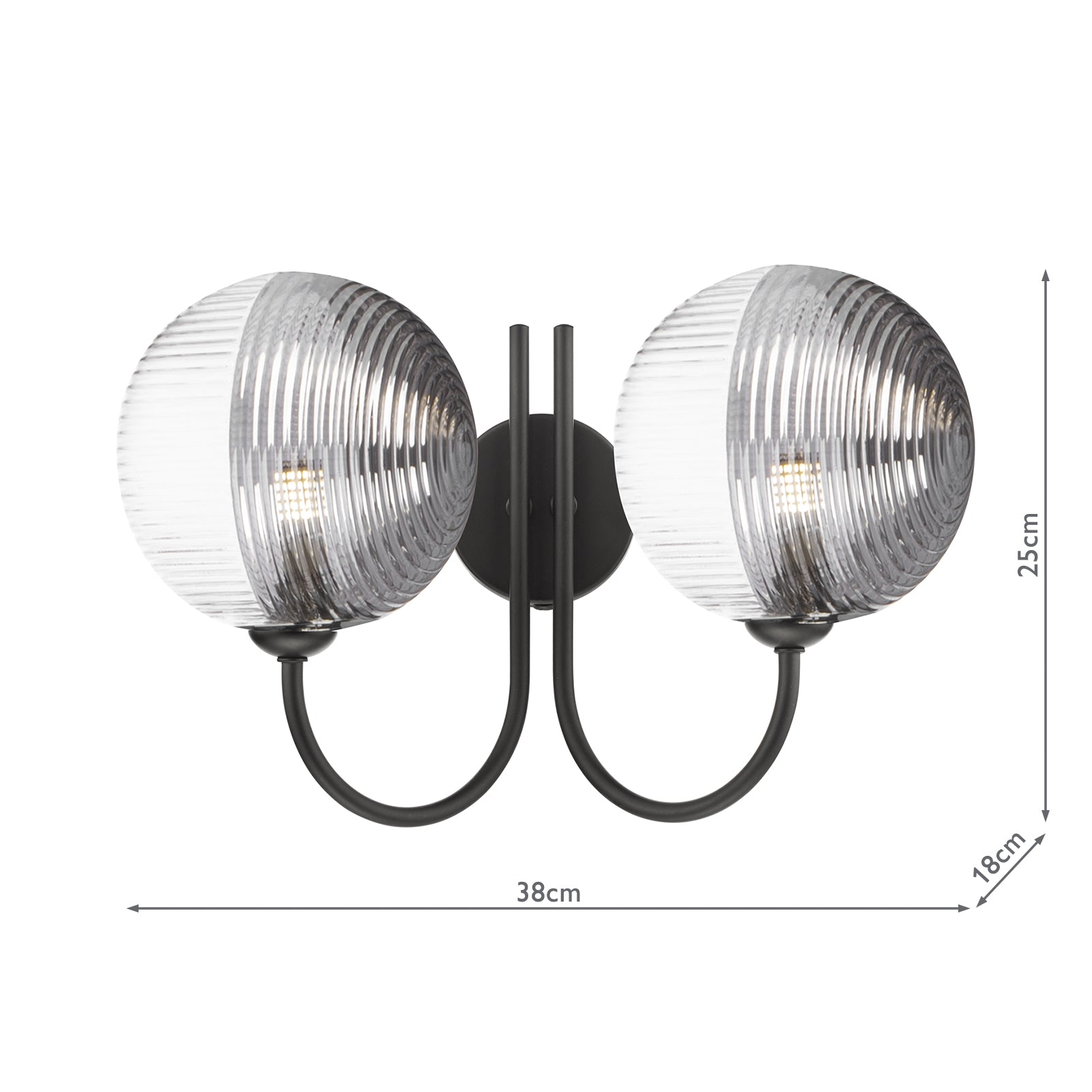 Jared 2 Light Wall Light Matt Black With Smoked/Clear Ribbed Glass