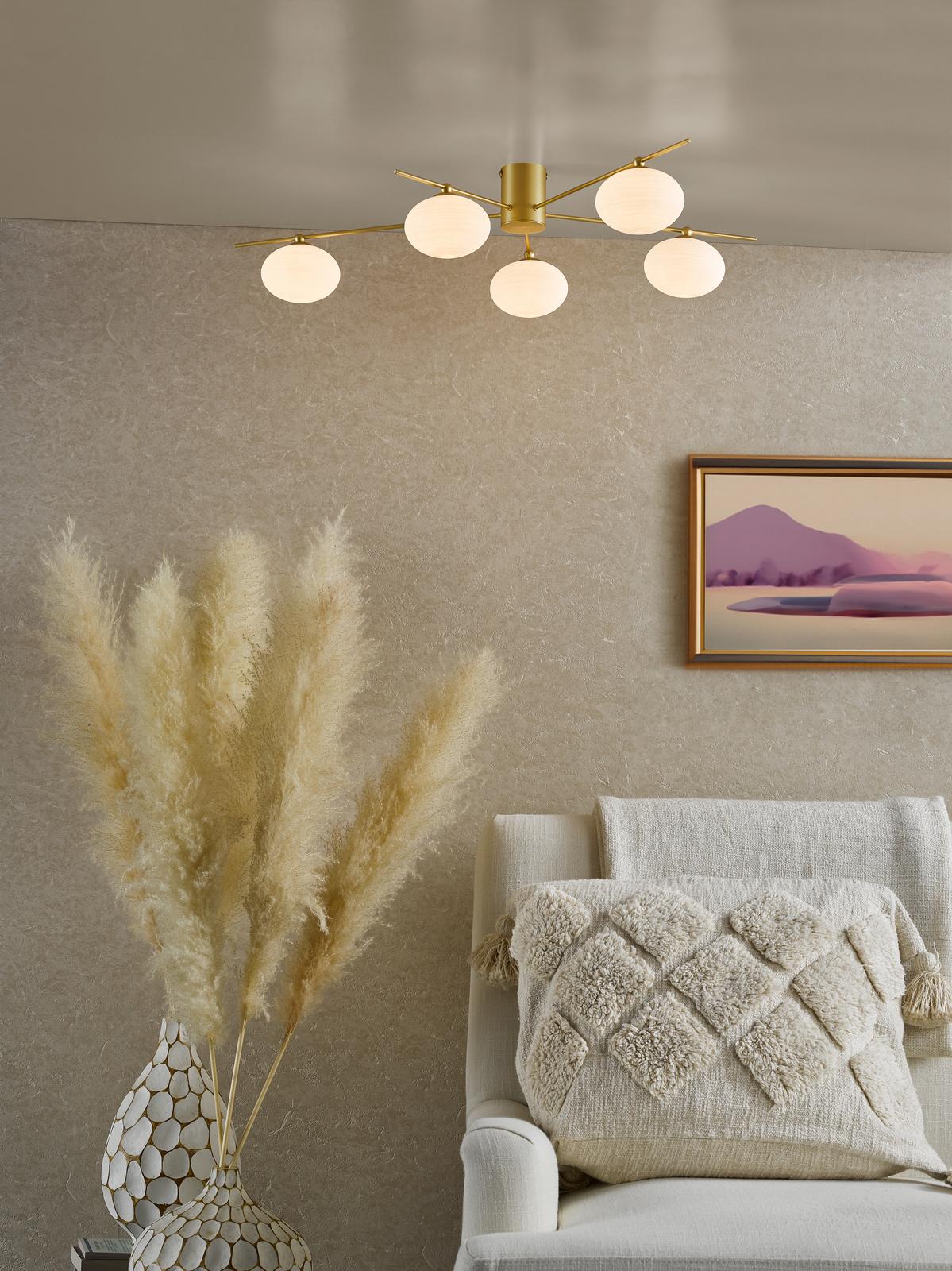Jasper 5 Light Semi-Flush Satin Gold and Opal Glass