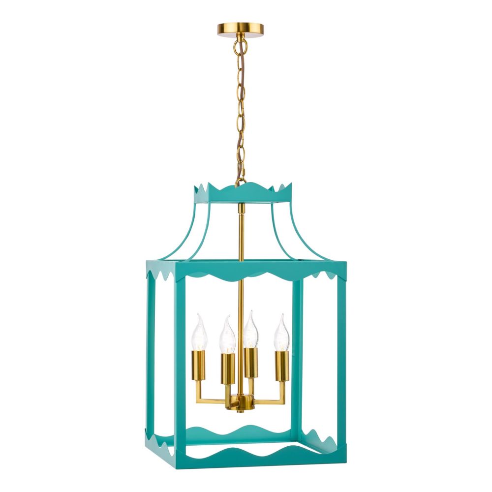 Jinele 4 Light Lantern Satin Eau De Nil Blue and Natural Brass
