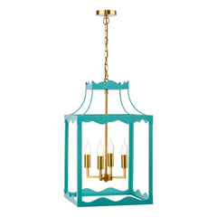 Jinele 4 Light Lantern Satin Eau De Nil Blue and Natural Brass
