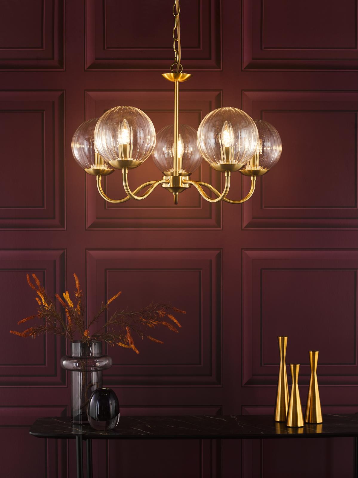 Jocelyn 5 Light Armed Pendant Natural Brass and Glass