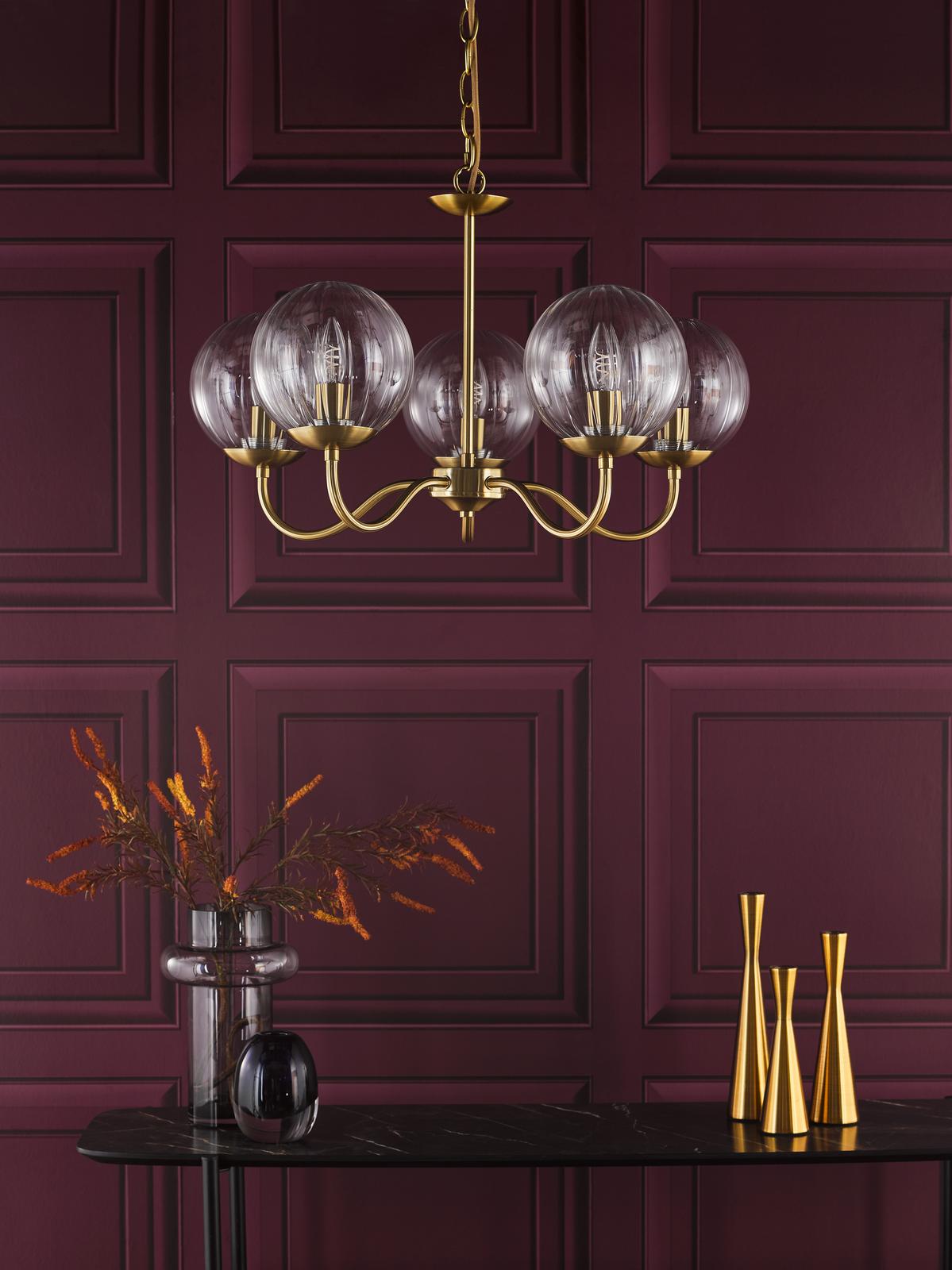 Jocelyn 5 Light Armed Pendant Natural Brass and Glass