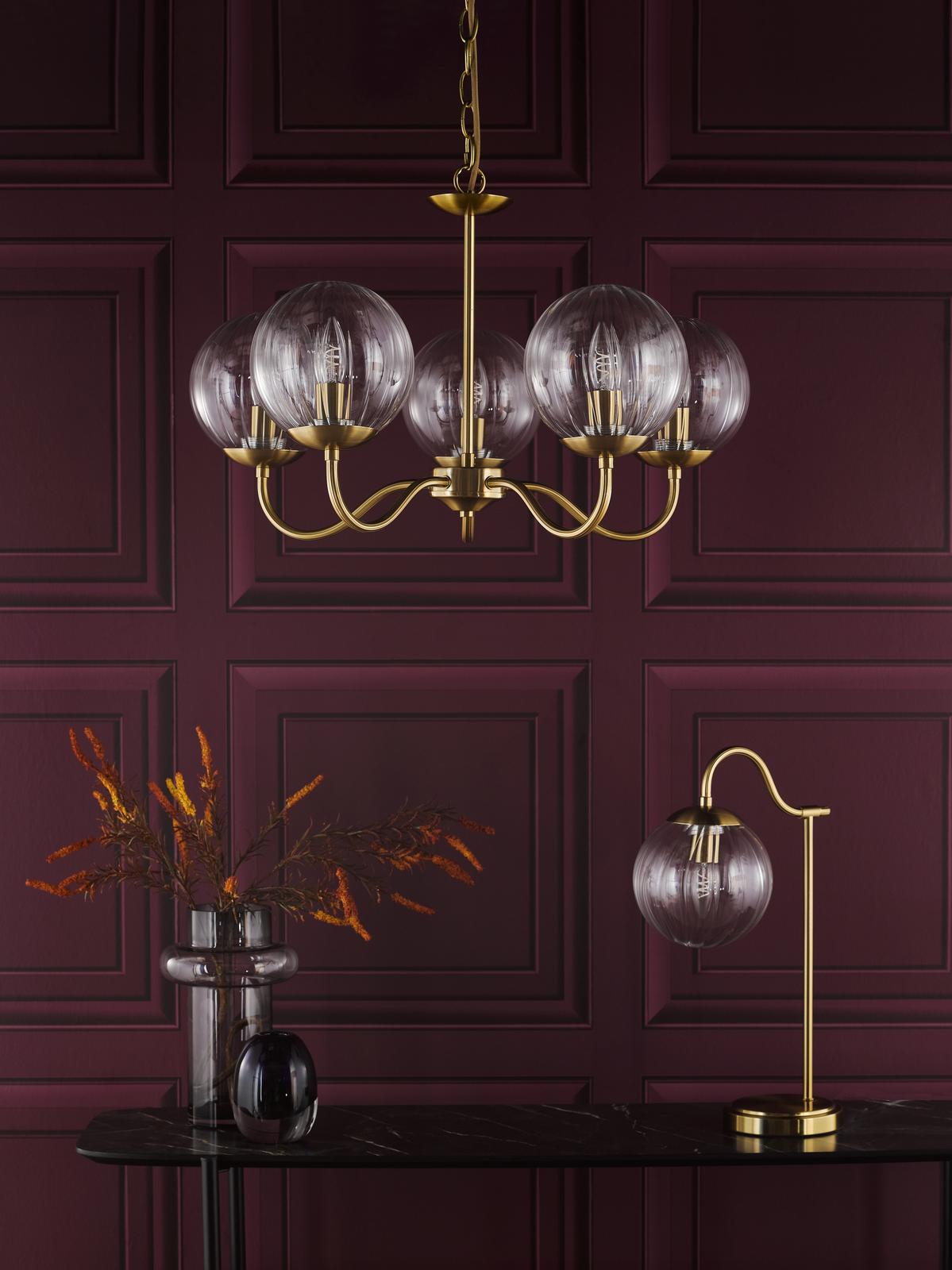 Jocelyn 5 Light Armed Pendant Natural Brass and Glass
