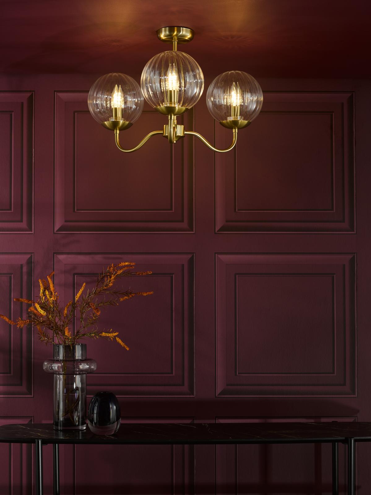Jocelyn 3 Light Semi-Flush Natural Brass and Glass