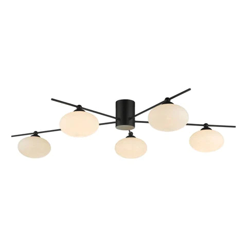 Jasper5 Light Semi Flush Dar Ceiling Light Matt Black Opal glass