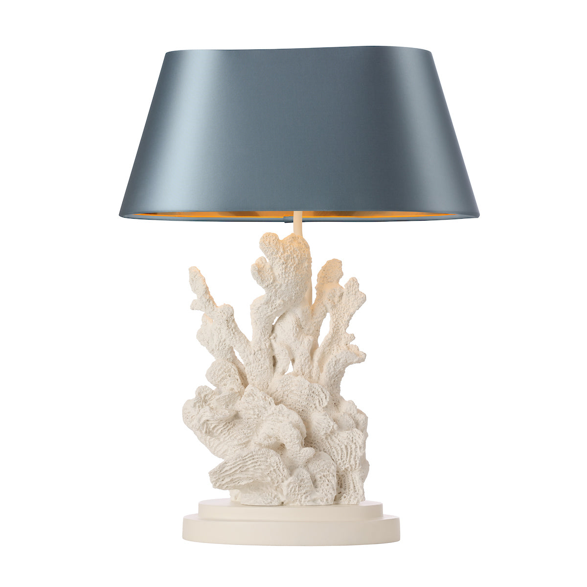 Korallion chalk white table lamp by David Hunt Lighting shown with Lexington shade in airforce blue satin