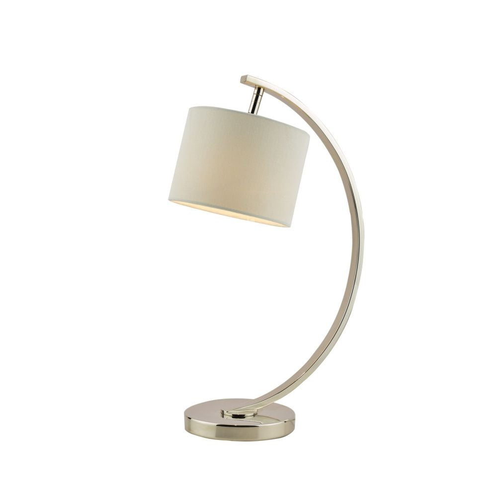 A metal table lamp with a polished nickel frame that is curved in an arc upwards and over the base, there is a smaller drum shade over the base finished in a grey cotton fabric.