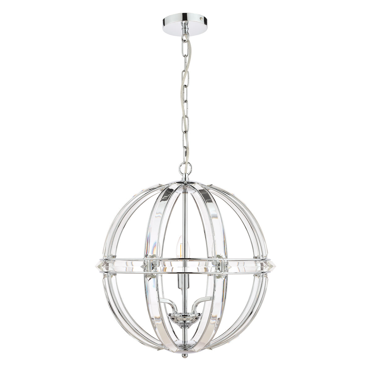 The Aidan light from Laura Ashley is finished with polished chrome metalwork and it is shaped like a globe with the frame housing curved glass sections which catch the light and a curved glass frame in a belt around the middle of the globe, the globe is suspended on a chrome chain from a flat 4 inch ceiling rose there are 5 bulbs inside the fitting which are easily reached in between the frame sections. There is a smaller version and a matching table lamp