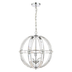 The Aidan light from Laura Ashley is finished with polished chrome metalwork and it is shaped like a globe with the frame housing curved glass sections which catch the light and a curved glass frame in a belt around the middle of the globe, the globe is suspended on a chrome chain from a flat 4 inch ceiling rose there are 5 bulbs inside the fitting which are easily reached in between the frame sections. There is a smaller version and a matching table lamp