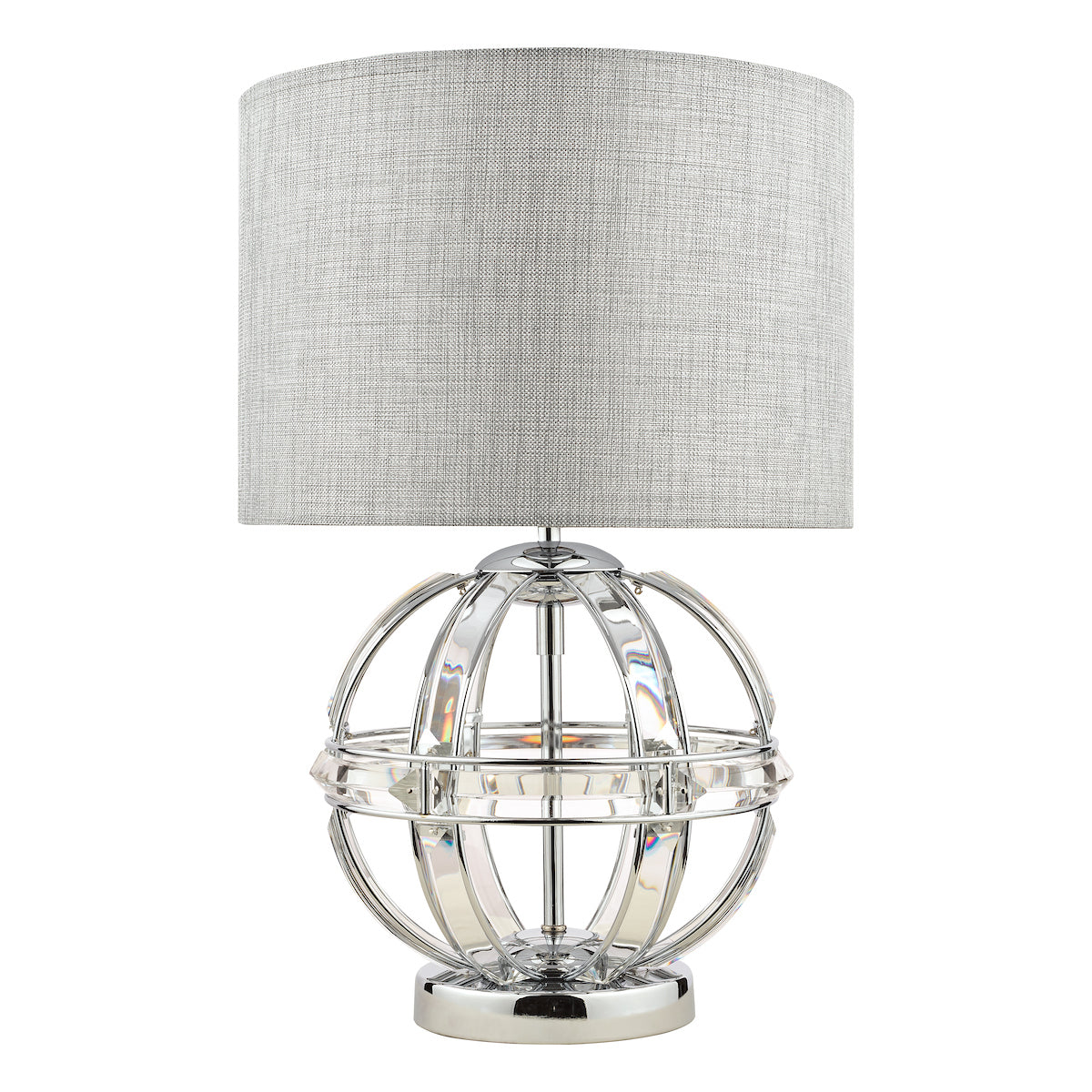 The Aidan table lamp from Laura Ashley is 32 cm in diam and comes with a pale grey linen straight drum shade, the fabric appears to be a rough texture, the base itself is an open globe constructed with a polished chrome frame that houses sections of curved glass that create the globe. It then sits on a solid round metal base also finished in polished chrome. The bulb is housed in the shade section as per most lamps and it is switched with a push button through on the main lamp holder.