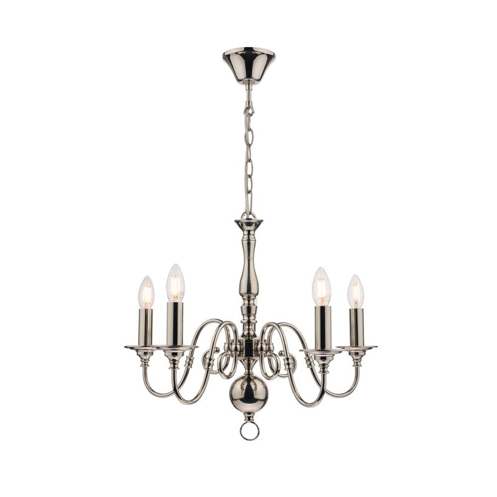 A traditional design of chandelier in a polished nickel highly reflective finish which makes it a very modern design now. The Light has 5 curved arms with a deep curl and twist in the metal. There is a substantial ball at the base with a large ring of metal beneath it a classic Laura Ashley design
