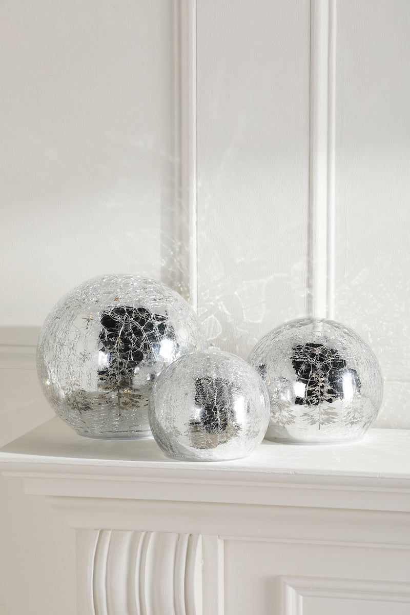 Laura Ashley Silver Crackle Glass Globe Set of 3 Lit Decoration