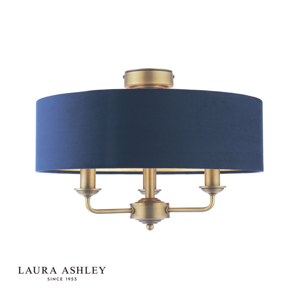 Laura Ashley Sorrento 3 Light Semi-Flush Antique Brass and Blue Shade