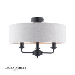 Laura Ashley Sorrento 3 Light Semi-Flush Matt Black Natural Shade