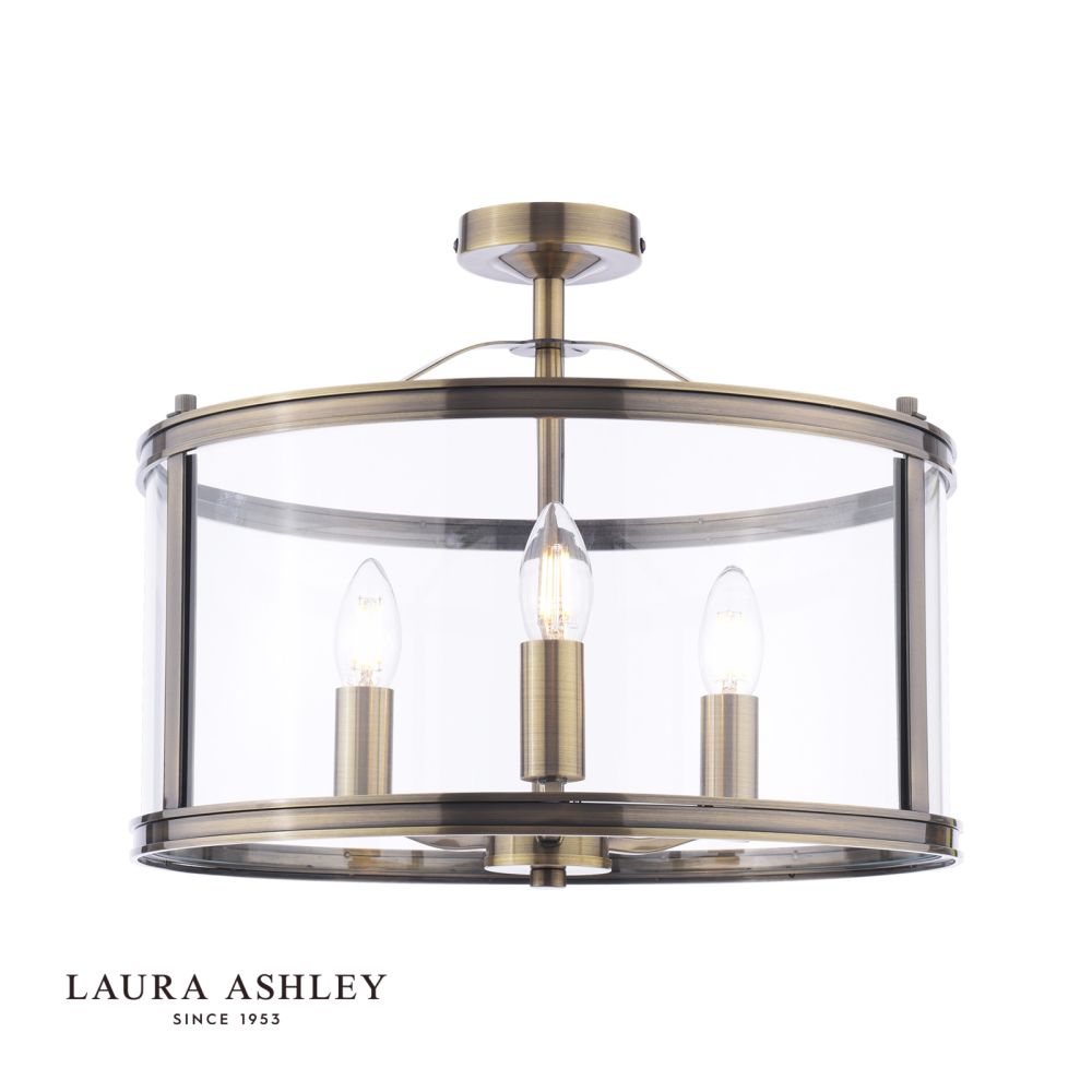 Laura Ashley Harrington 3 Light Semi-Flush Antique Brass and Glass