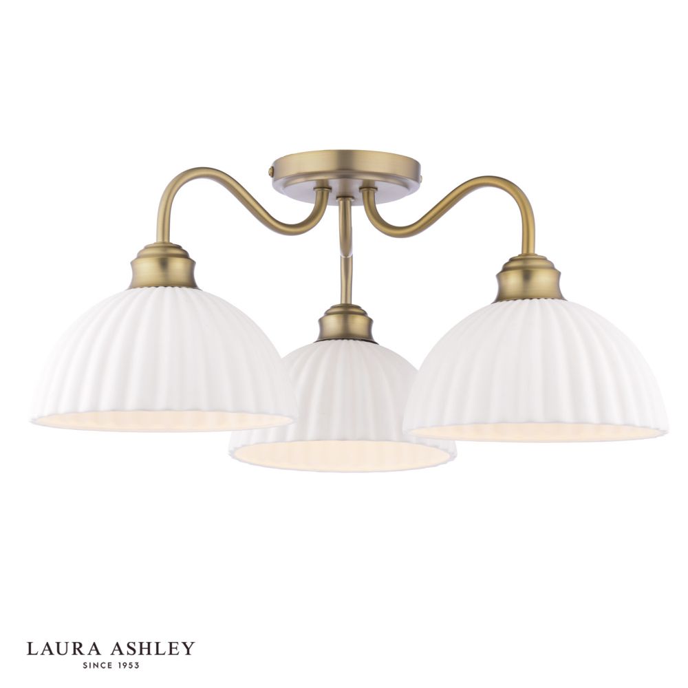 Laura Ashley Durford 3 Light Semi-Flush Matt Antique Brass and White Ceramic