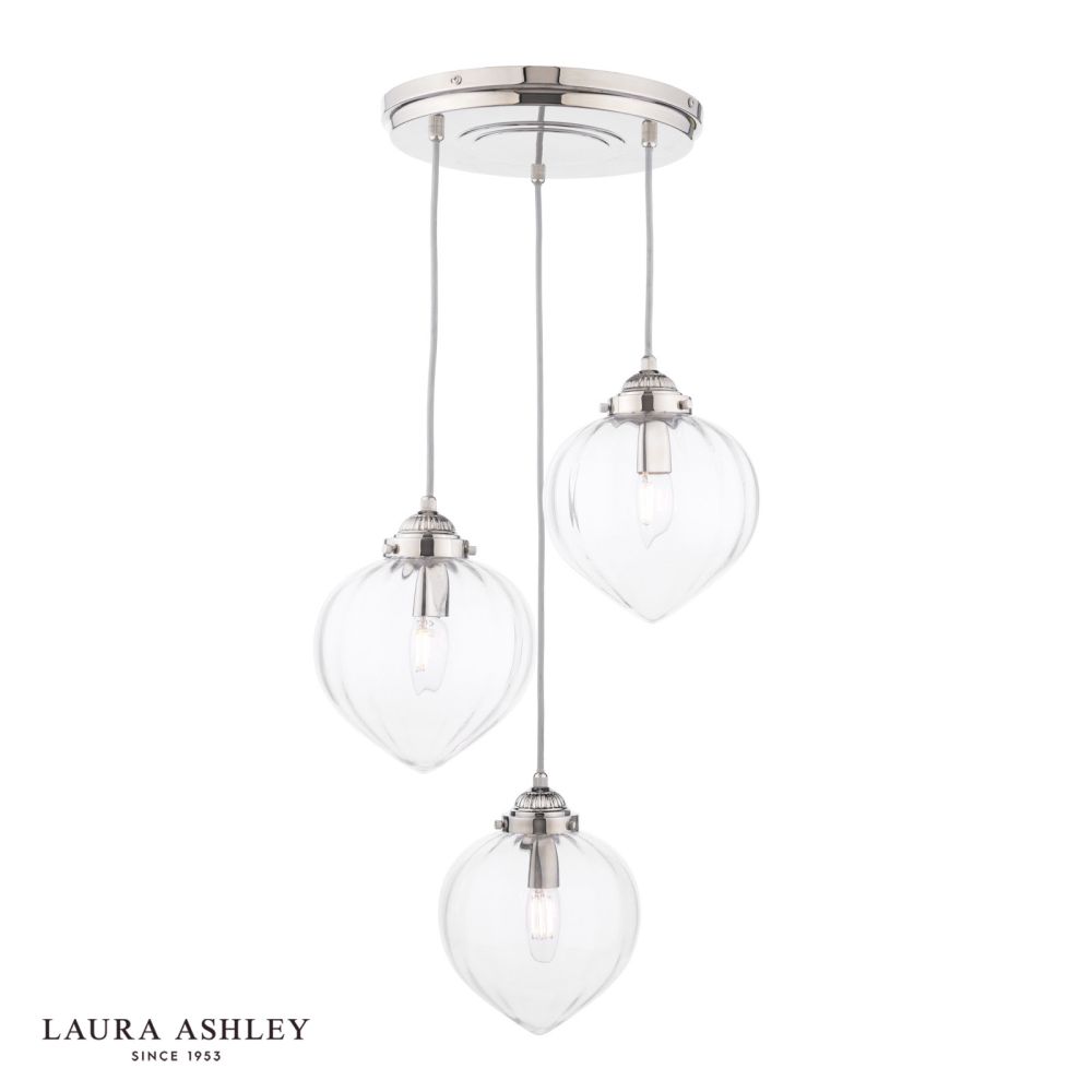 Laura Ashley Whitham 3 Light Cluster Pendant Polished Nickel and Ribbed Glass