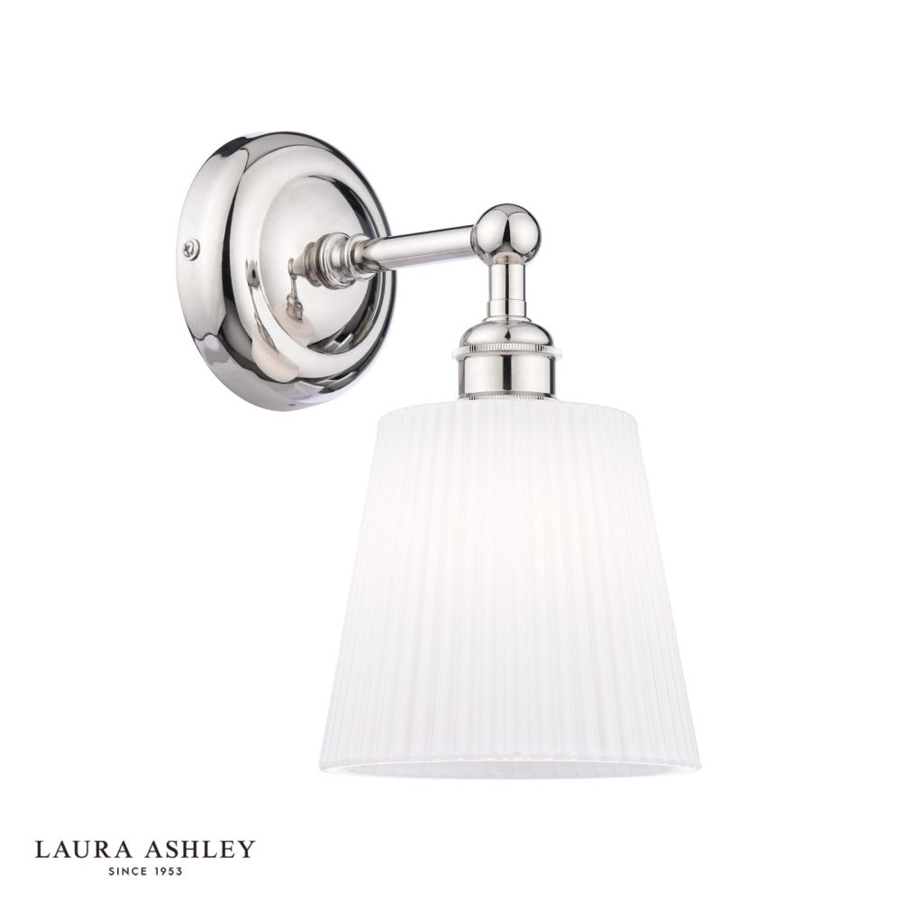 Laura Ashley Callaghan Wall Light Polished Nickel and White Ribbed Glass IP44