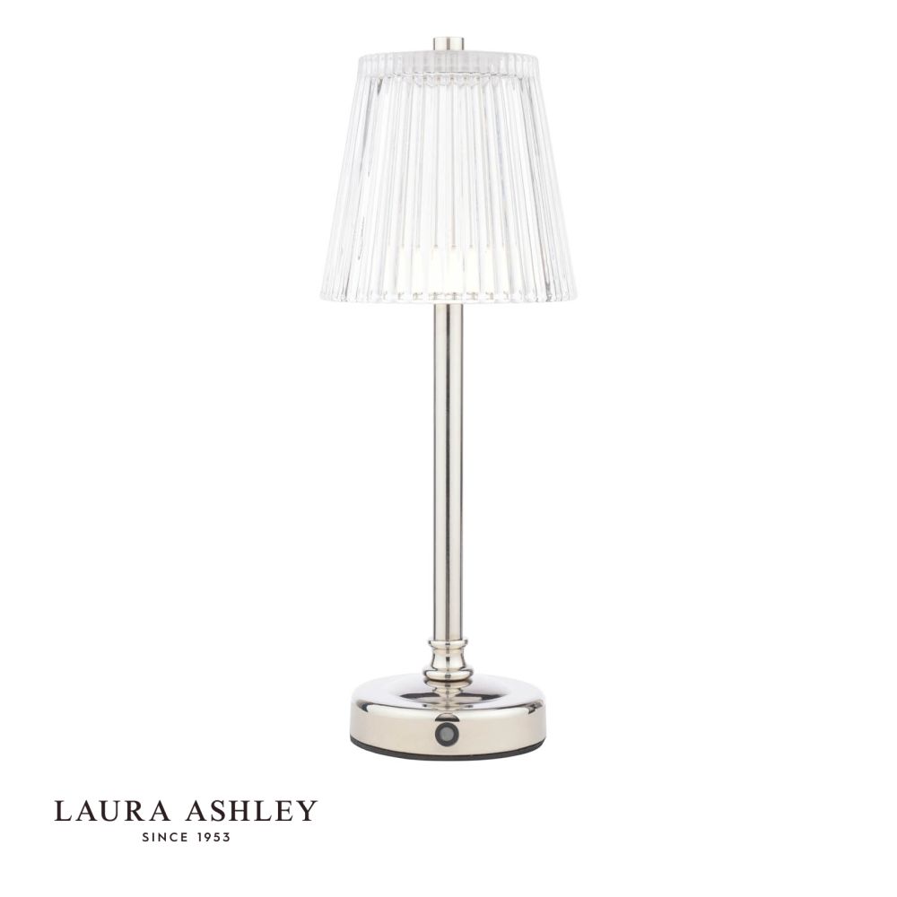 Laura Ashley Callaghan Rechargeable Table Lamp Polished Nickel and Ribbed Glass LED