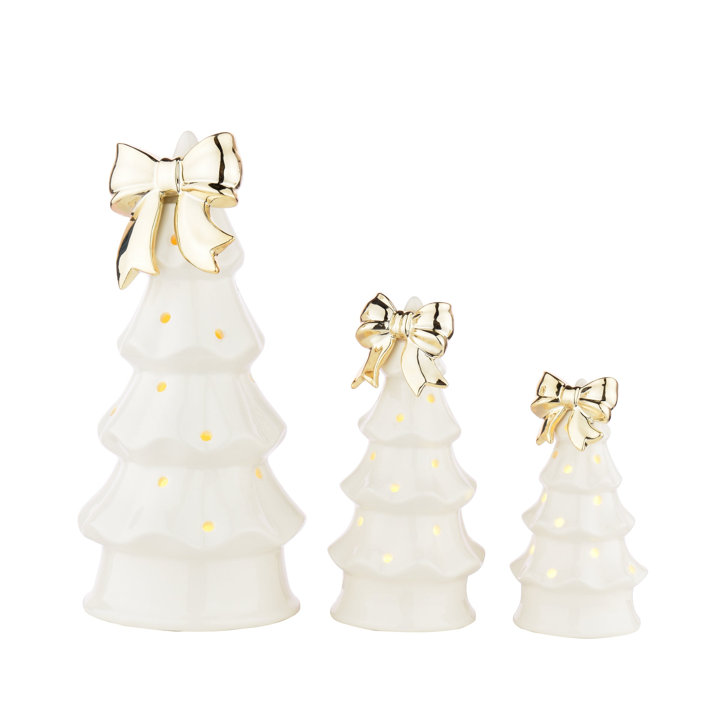 Laura Ashley White Ceramic set of 3 Lit Gold Bow Tree Ornament