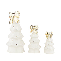 Laura Ashley White Ceramic set of 3 Lit Gold Bow Tree Ornament