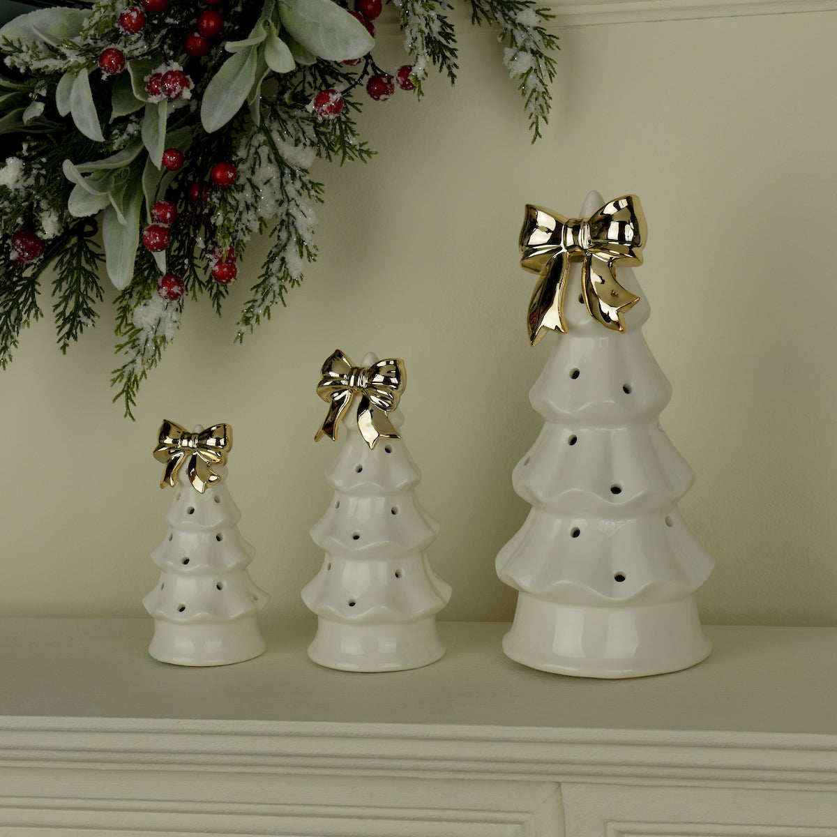 Laura Ashley White Ceramic set of 3 Lit Gold Bow Tree Ornament