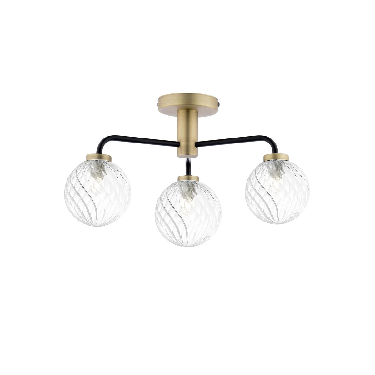 Lainey 3 Light Semi-Flush Matt Black and Antique Brass With Twisted Glass