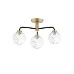 Lainey 3 Light Semi-Flush Matt Black and Antique Brass With Twisted Glass