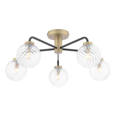 Lainey 5 Light Semi-Flush Matt Black and Antique Brass With Twisted Glass